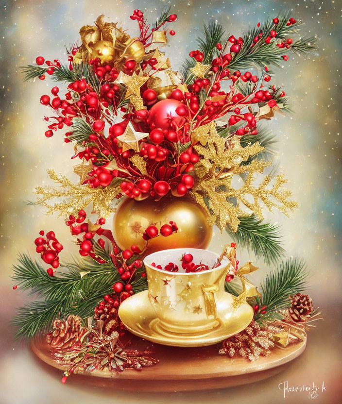 Festive Christmas arrangement with red berries and golden baubles in golden cup