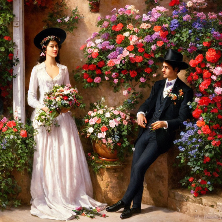 Woman in white dress with flowers next to seated man in formal attire by colorful blossoms.