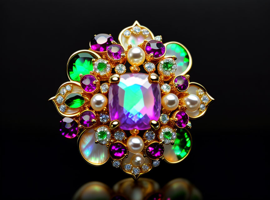 Opalescent Center Gem Brooch with Pearls and Gemstones on Reflective Surface