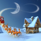 Santa Claus in sleigh with reindeers flying over snow-covered cabin at night