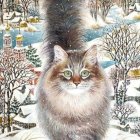 Fluffy cat with green eyes in snowy landscape with pink blossoms