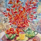 Colorful Flower Bouquet Still-Life Painting on Blue Patterned Table