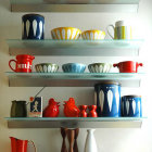 Assorted ornate vases and teapots on shelves against blue backdrop