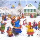 Four animated children in colorful winter clothes with a friendly orange cat in a snowy landscape