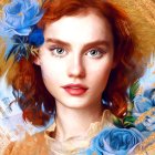Vibrant digital artwork: serene female face with flowers and birds