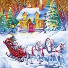 Winter scene with cozy cottage, snowy trees, and horse-drawn sleigh.