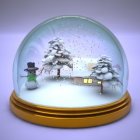 Snow globe with Santa Claus, sack, sleigh, Christmas trees on wooden base, purple background