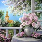 Pink peonies in vase on table with scenic lake view through window