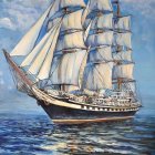 Sailing ship with billowing white sails on choppy blue ocean waves