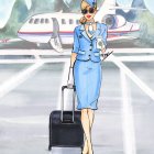 Female Flight Attendant in Blue Uniform on Airport Tarmac with Suitcase and Plane