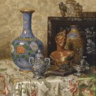 Vivid blue vase with flowers, glass vase, and ornaments in ornate still life