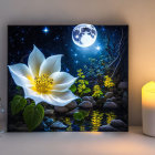 Luminous white flower and yellow blossoms on canvas with full moon and stars at night