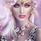 Illustrated portrait of woman with pink wavy hair, dramatic makeup, sparkly jewelry, beaded