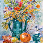 Colorful bouquet with flowers, leaves, fruits, and berries in green vase on textured background