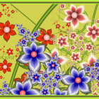 Colorful Flower Painting with Pink and Blue Blossoms on Yellow Background