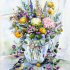 Colorful Spring Flowers with Easter Eggs and Teacup Set by Window