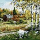 Tranquil autumn forest scene with pond, birch trees, wildflowers, and cottages