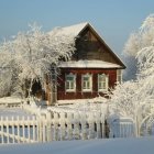 Snow-covered house, decorated tree, winter activities in festive holiday scene