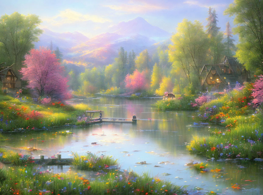 Tranquil landscape with pond, trees, cottages, mountains, flowers, and person