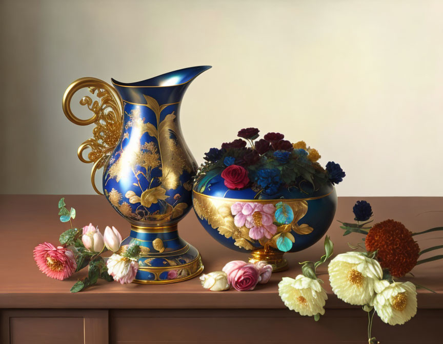 Blue and Gold Vase with Colorful Flowers on Neutral Background