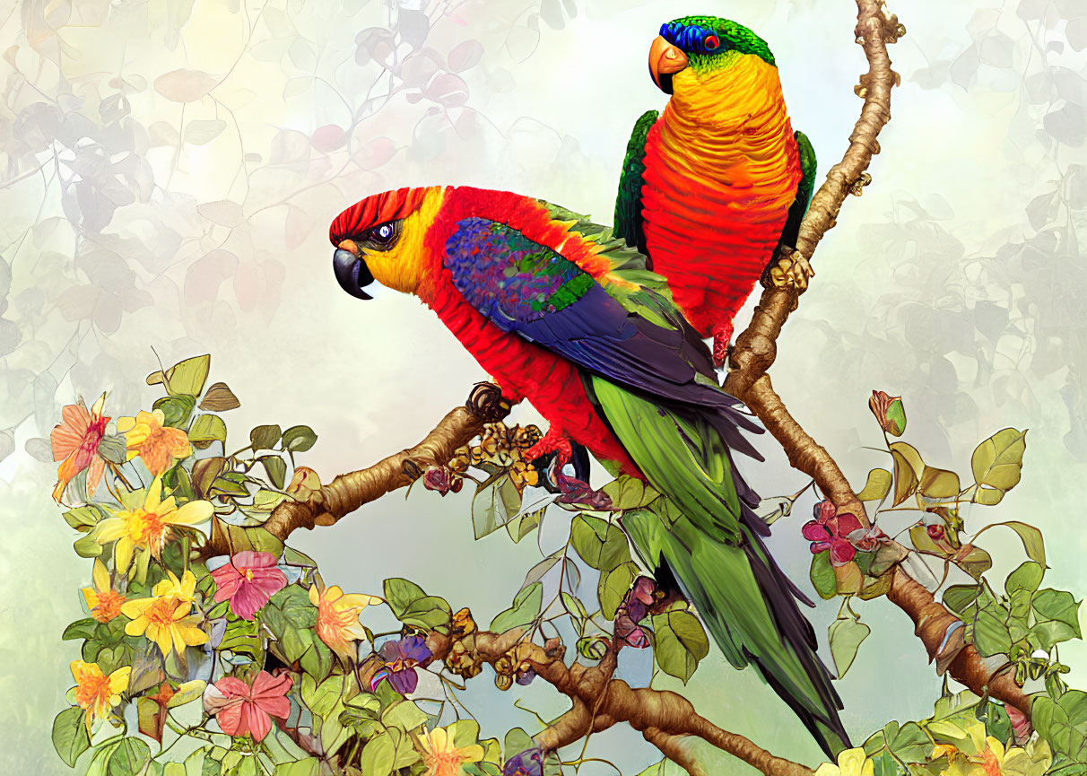 Colorful Parrots Perched on Branch with Lush Background