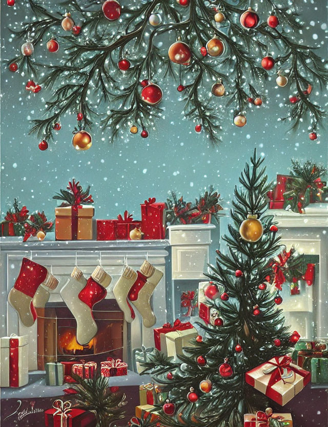 Festive Christmas scene with stockings, gifts, ornaments, and snowy window