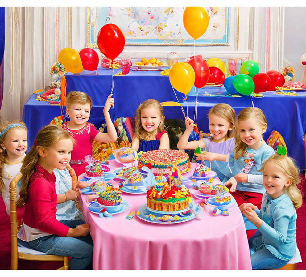 Vibrant birthday party with joyful children & colorful decorations