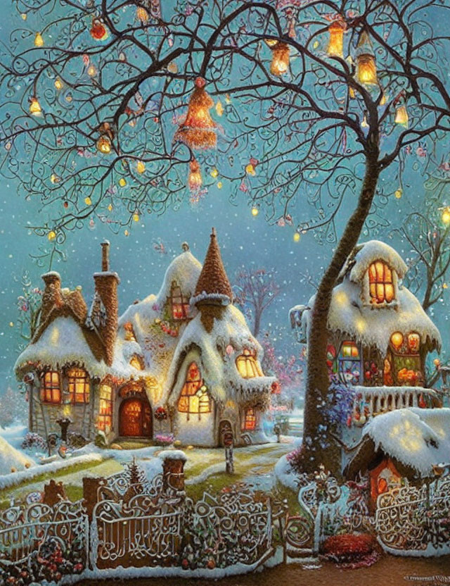 Snow-covered cottages with warm lights and falling snowflakes at twilight