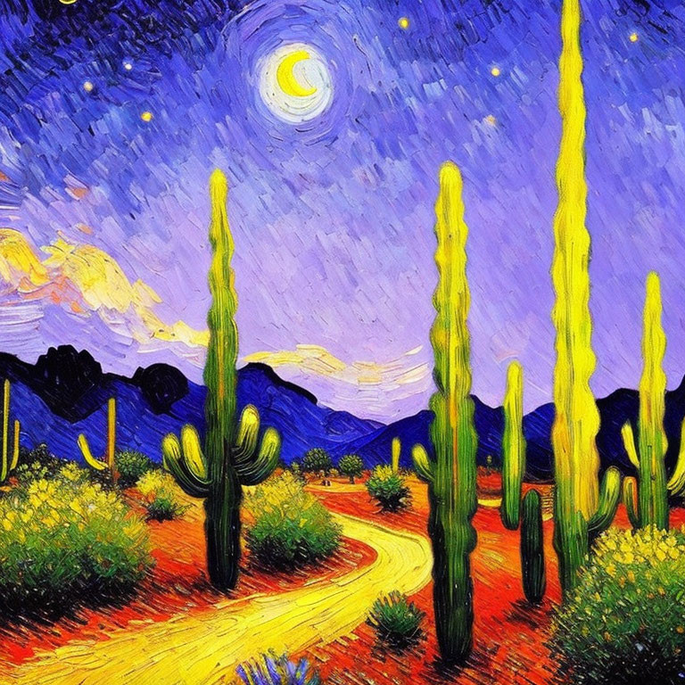 Night Sky Painting with Crescent Moon and Cacti Landscape