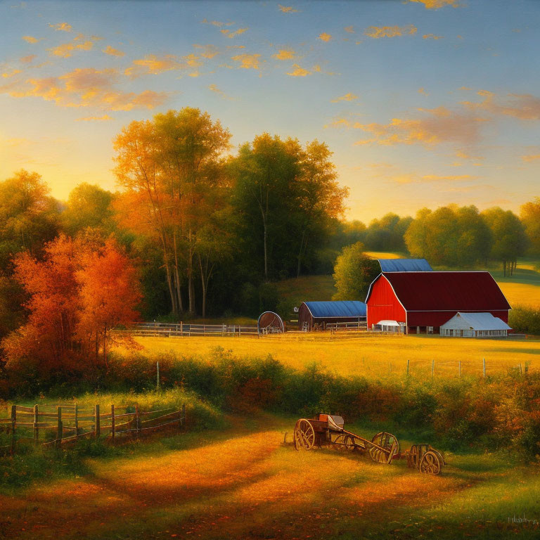 Rural sunset landscape with red barn, wagon, and autumn trees