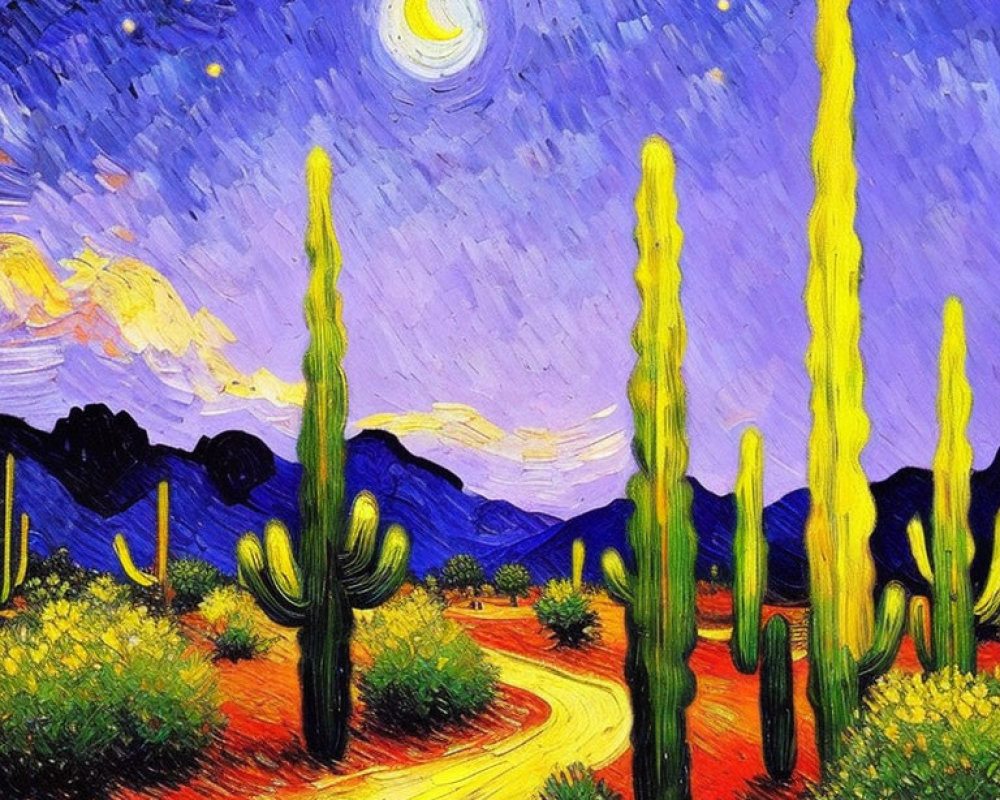 Night Sky Painting with Crescent Moon and Cacti Landscape