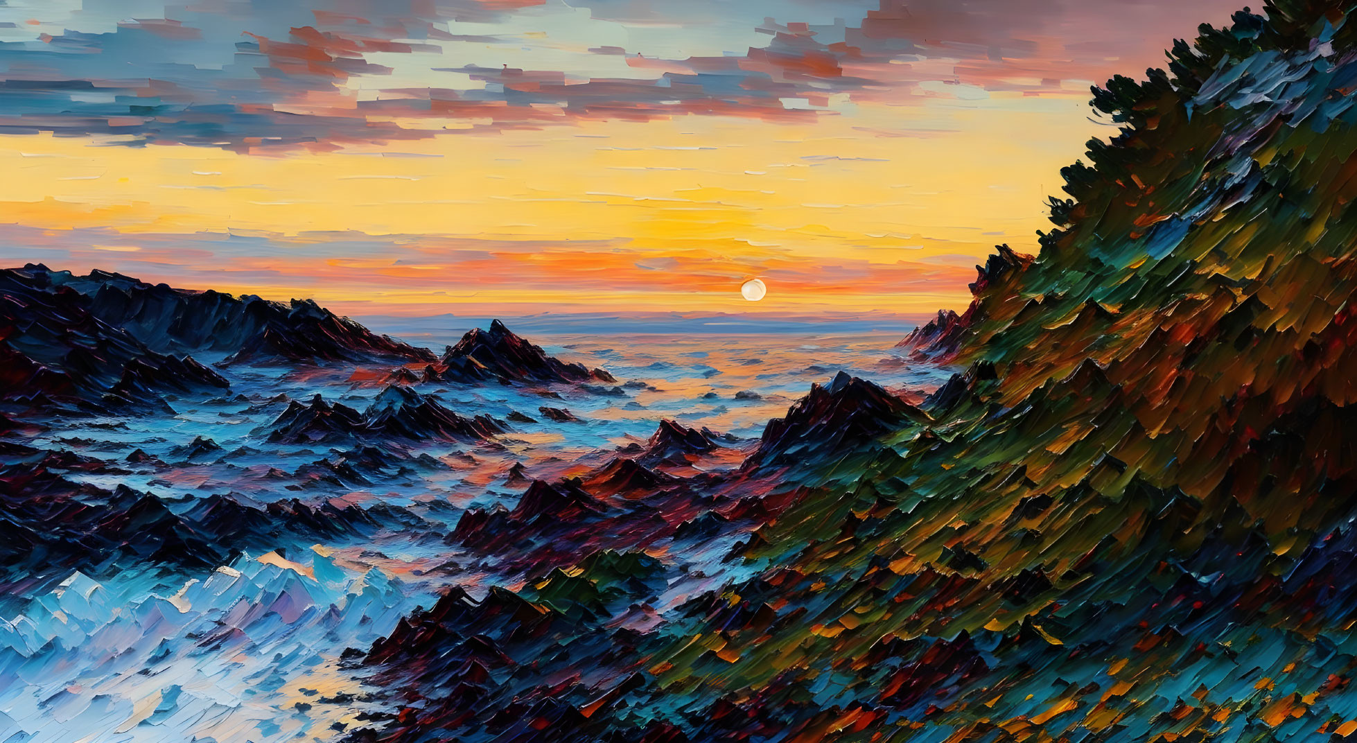 Vibrant sunset over rugged coastline with impressionist brushstrokes