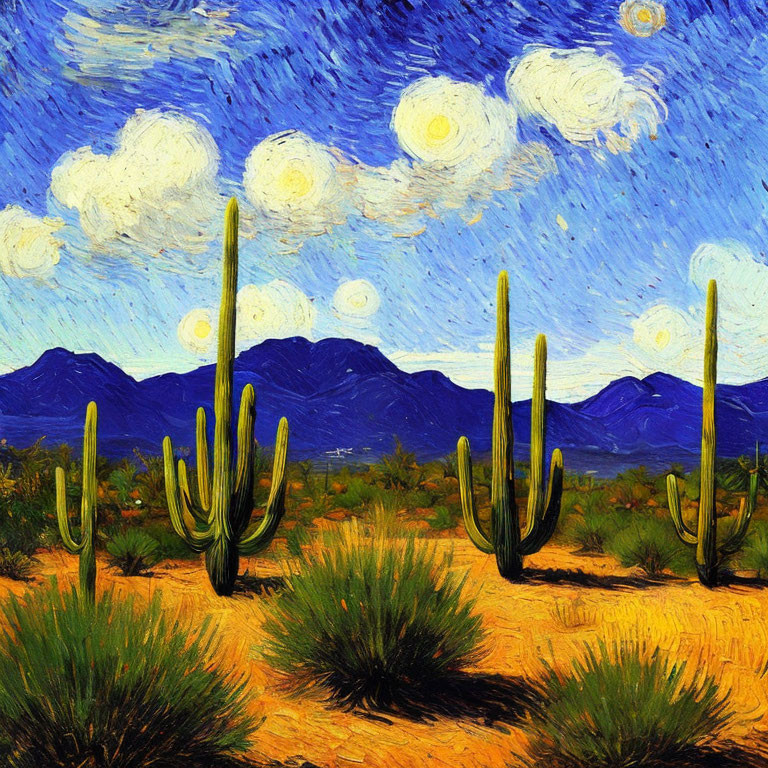 Vibrant desert landscape with saguaro cacti and swirling blue sky