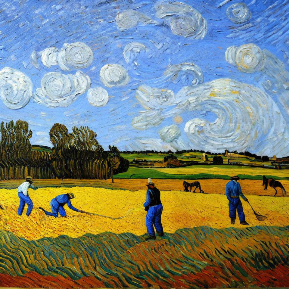 Colorful painting of three farmers in golden fields under a blue sky with a crescent moon