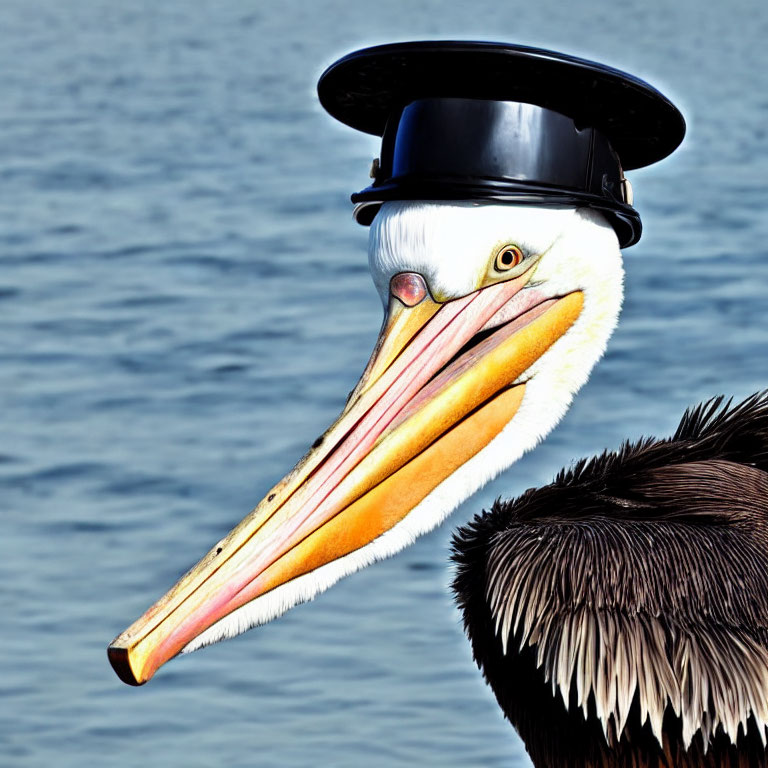 Pelican Wearing Black Top Hat Against Blue Water Background