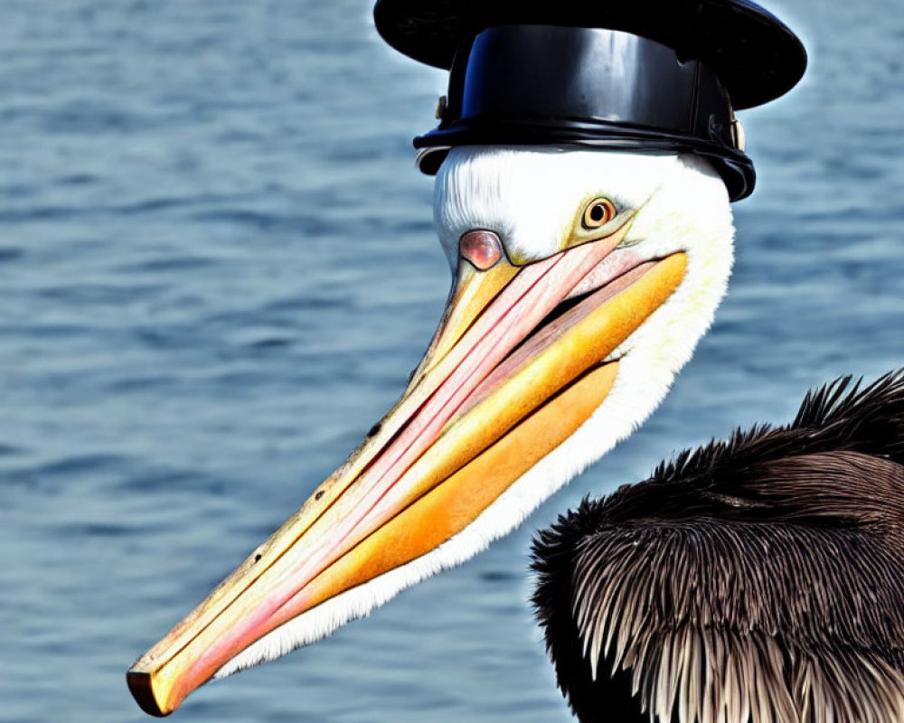Pelican Wearing Black Top Hat Against Blue Water Background