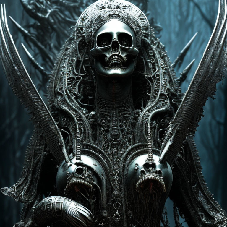 Dark ornate armor with skull features in shadowy backdrop