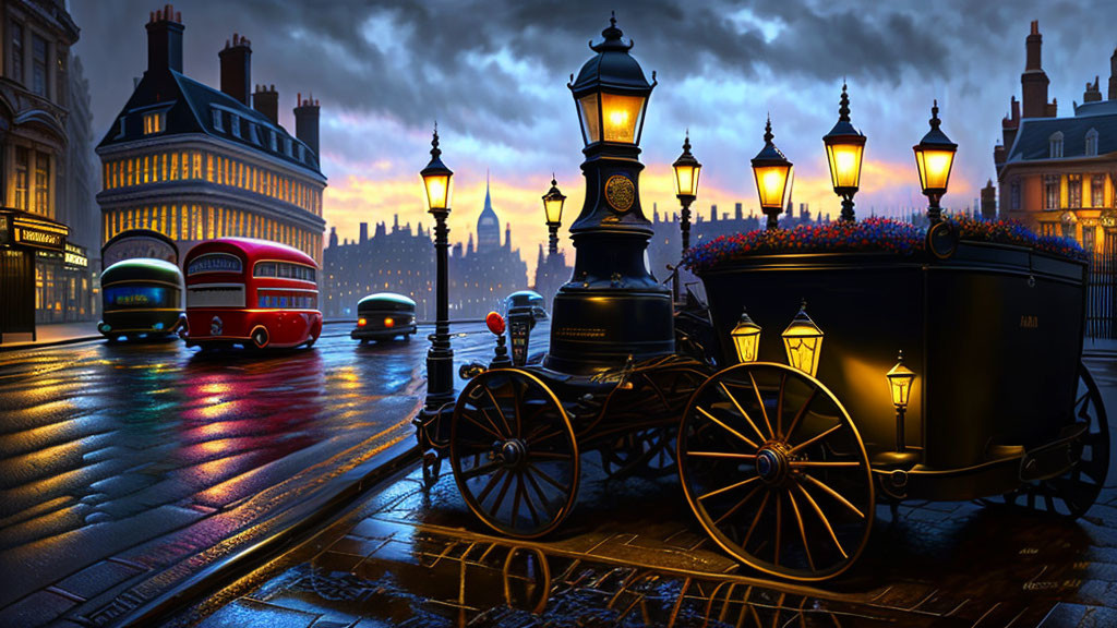 Historical street scene at dusk with horse-drawn carriage, vintage buses, and glowing street lamps on
