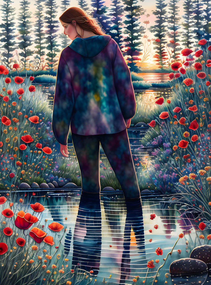 Woman in galaxy-patterned hoodie by serene lake at sunset with wildflowers