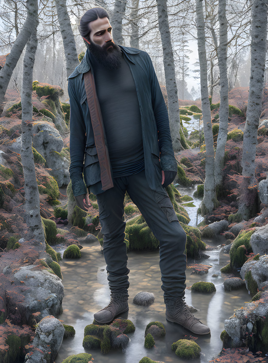Bearded man in layered outfit in misty forest