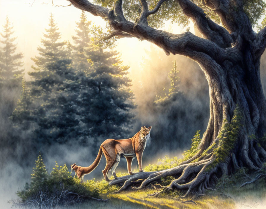 Majestic mountain lion under tree in misty forest