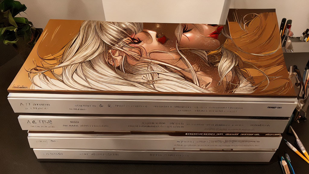Stack of books with large illustrated anime-style book on top featuring intimate character pose