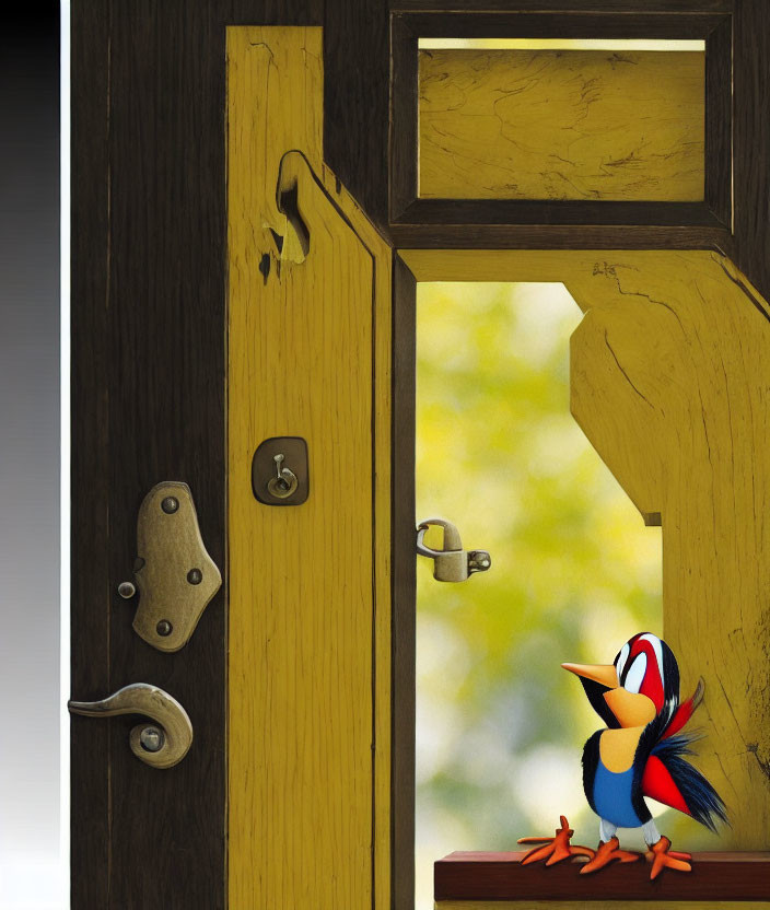 Cartoon bird perched on door ledge with keyhole and window