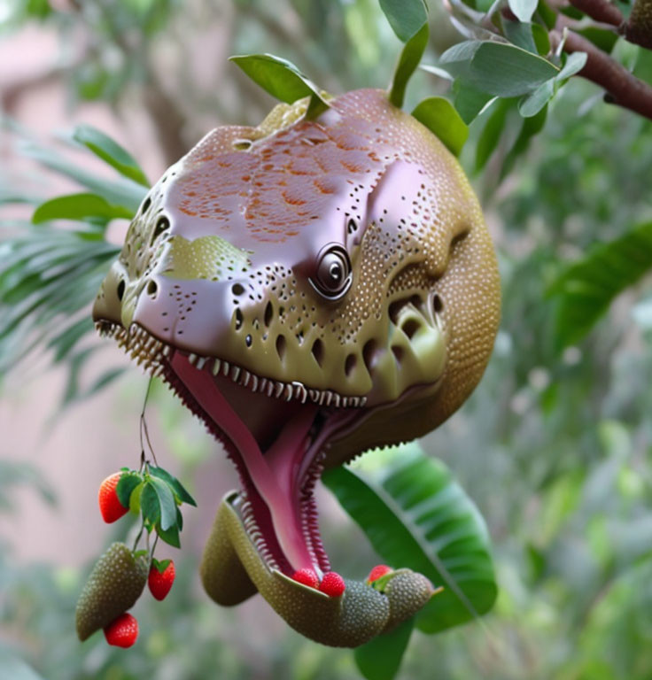 Digital creation: Fish-fruit hybrid creature with lips, teeth, and eyes on tree branch.