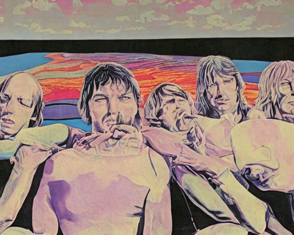 Vibrant psychedelic band illustration with six members against sunset backdrop