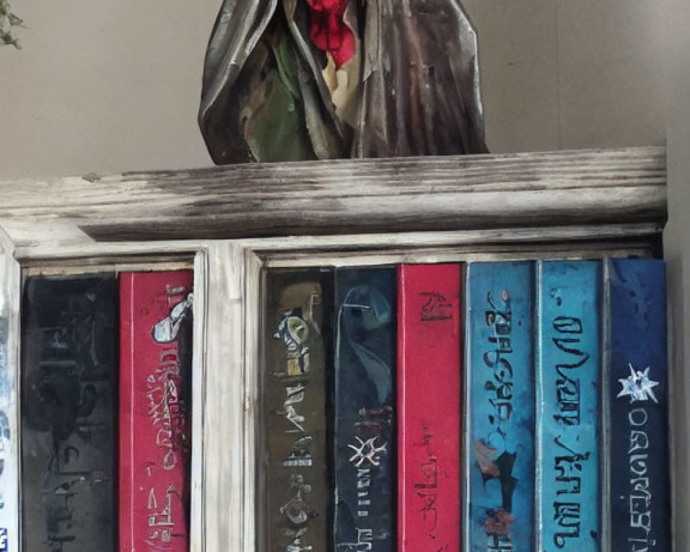 Blue-horned figurine on colorful books shelf