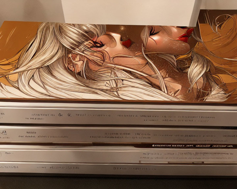 Stack of books with large illustrated anime-style book on top featuring intimate character pose
