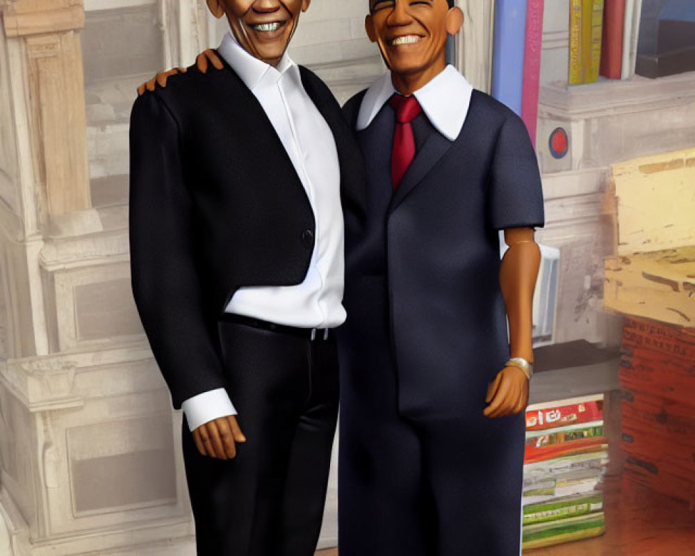 Two Smiling Male Figures in Suits Embracing Near Bookshelves