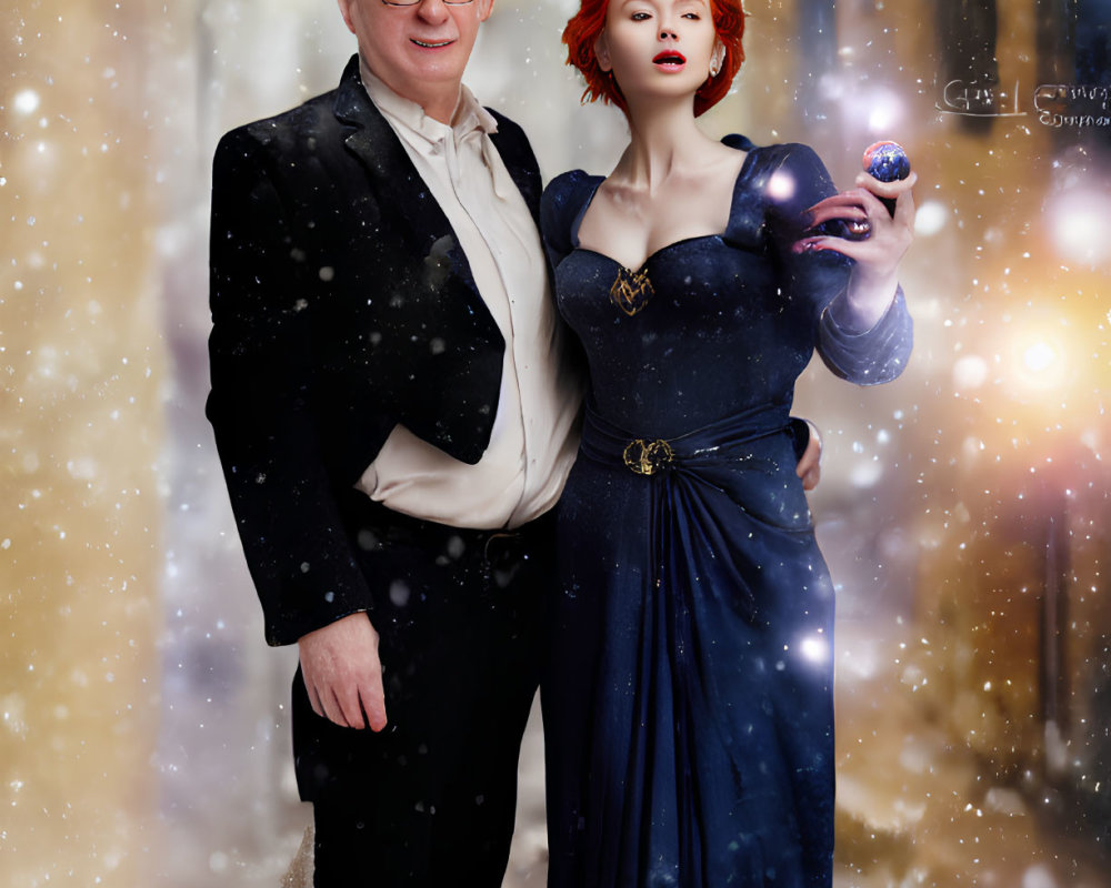 Man and woman in elegant attire with glowing orb in snowy fantasy scene