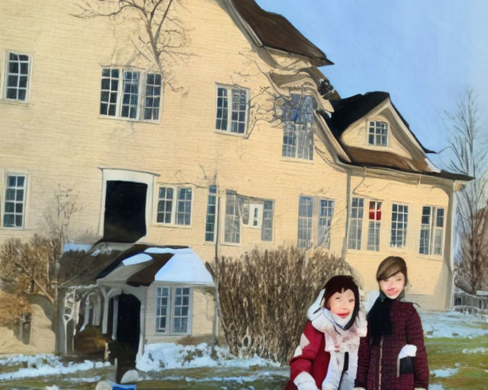 Children posing with sled in snow in front of large house and bare trees.
